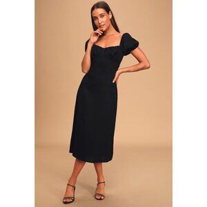 Lulus Black Dream Of Love Black Puff Sleeve Smocked Midi Dress Size S